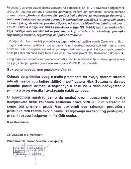 Dopis odvjetničkog ureda Vindije b Dopis odvjetničkog ureda Vindije b