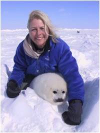 Spring 2003: Volunteer Allison Watson shows her joy and happiness at the sight of a beautiful baby harp seal. [ 47.38 Kb ]