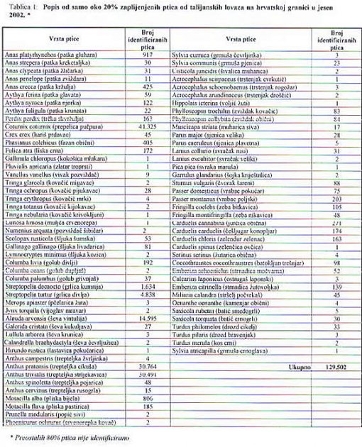The list of only 20% of confiscated birds found at Italian hunters on the Croatian border in autumn 2002